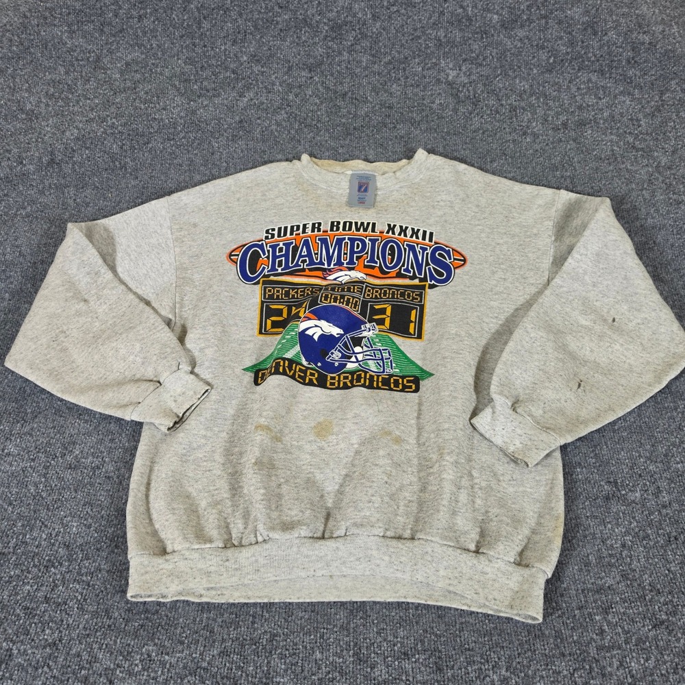 Vintage Logo 7 Denver Broncos Super Bowl XXXII Champions Sweatshirt Gray L Flaws